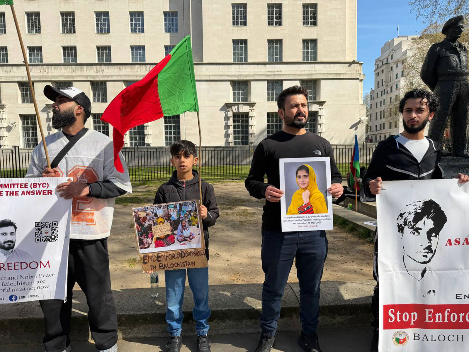 Protesters hold placards and flags during a demonstration highlighting human rights concerns in Balochistan outside 10 Downing Street in London. (Photo: X/@BNM_UK_chapter) Protesters hold placards and flags during a demonstration highlighting human rights concerns in Balochistan outside 10 Downing Street in London. (Photo: X/@BNM_UK_chapter)