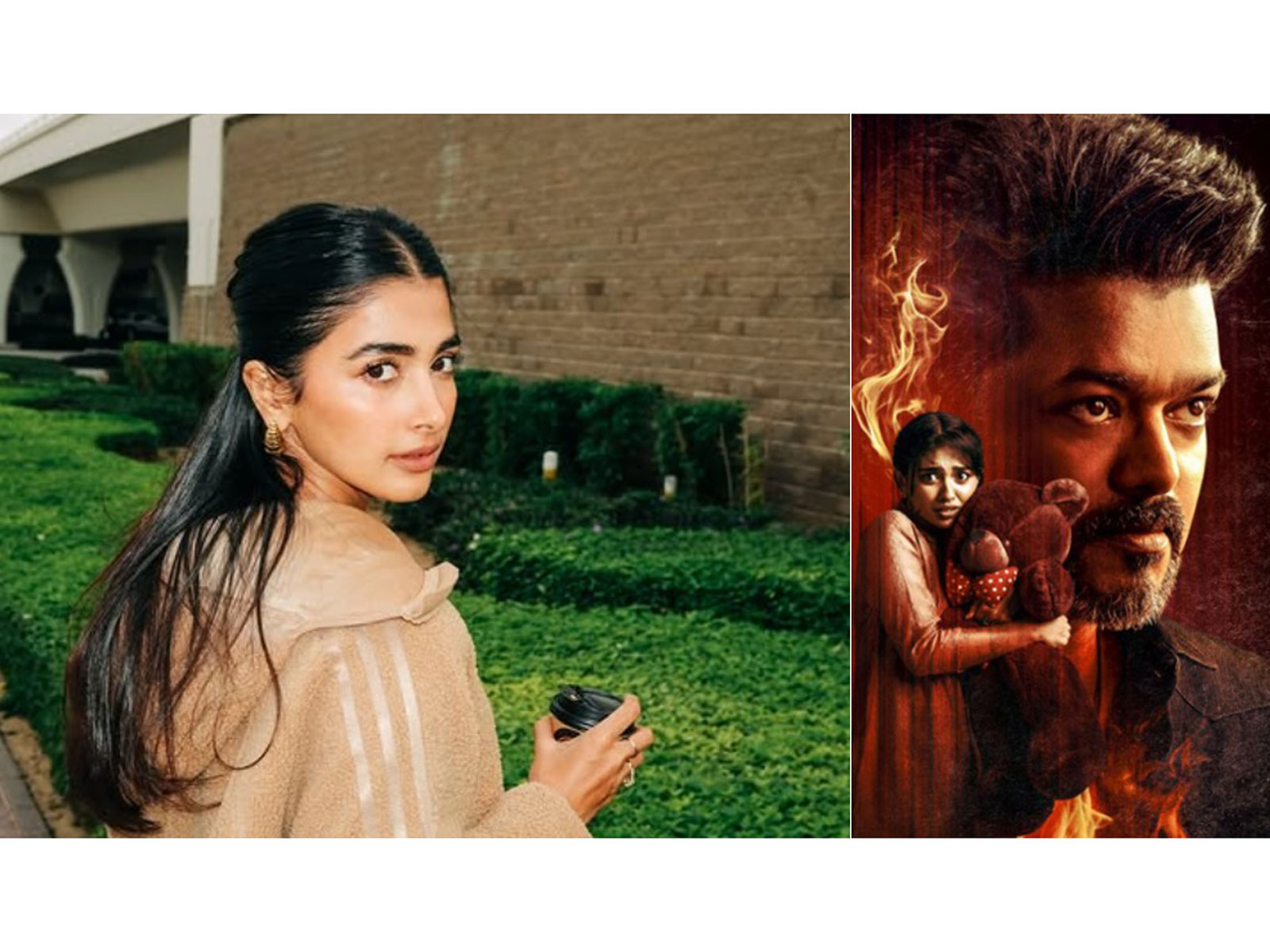 Pooja Hegde, (L) Film poster (R) (Photos/instagram/@hegdepooja, X@KvnProductions)