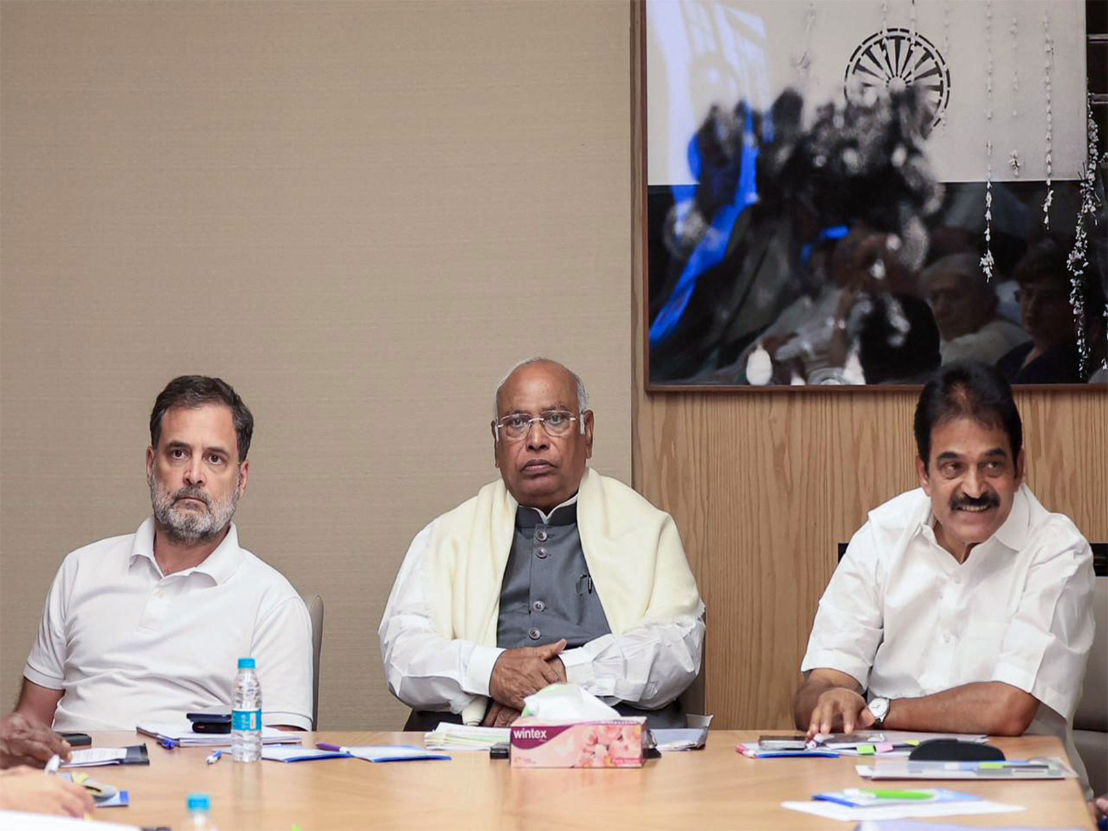 Congress MP Rahul Gandhi, party president Mallikarjun Kharge and General Secretary (O) KC Venugopal (Photo/ANI)