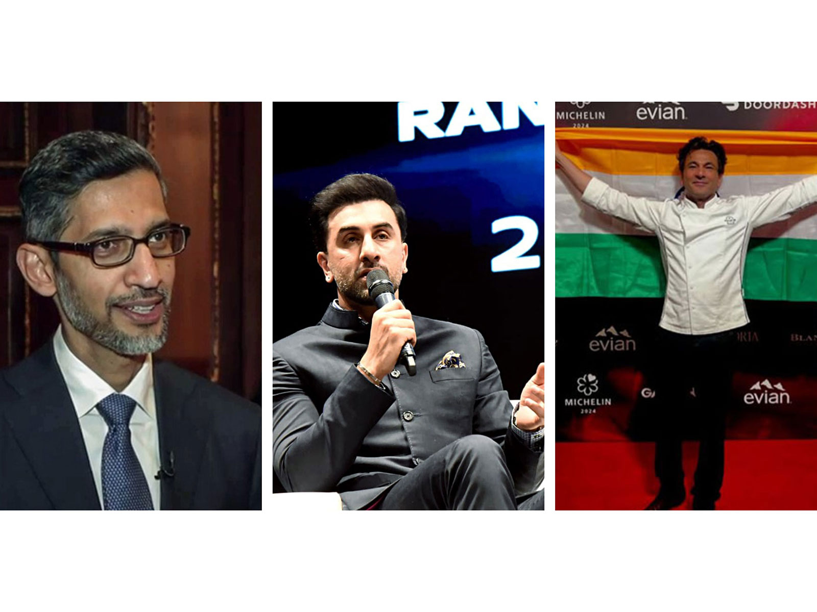 Google CEO Sundar Pichai (Source: ANI), Actor Ranbir Kapoor (Source: ANI), Chef Vikas Khanna (Source: Vikas' Instagram)