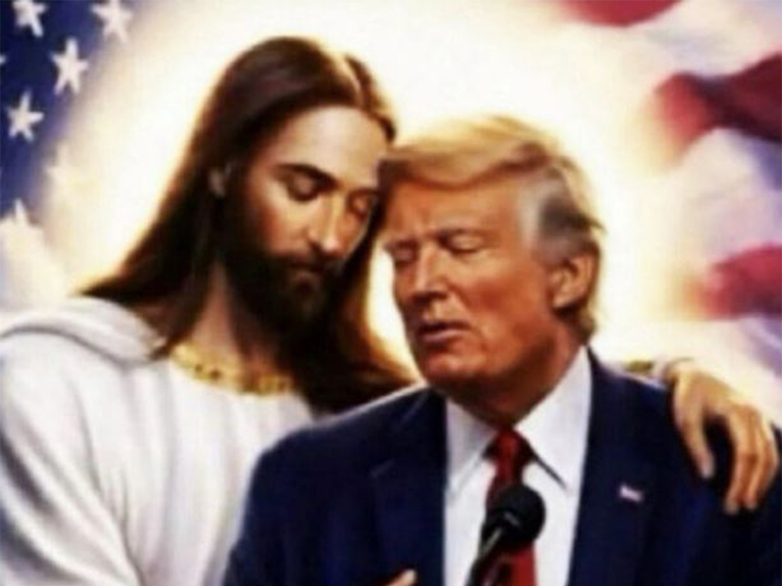AI-generated image depicting US President Donald Trump embraced by a figure resembling Jesus Christ, shared on social media and drawing controversy. (Image Source: Truth Social/@realDonaldTrump) AI-generated image depicting US President Donald Trump embraced by a figure resembling Jesus Christ, shared on social media and drawing controversy. (Image Source: Truth Social/@realDonaldTrump)