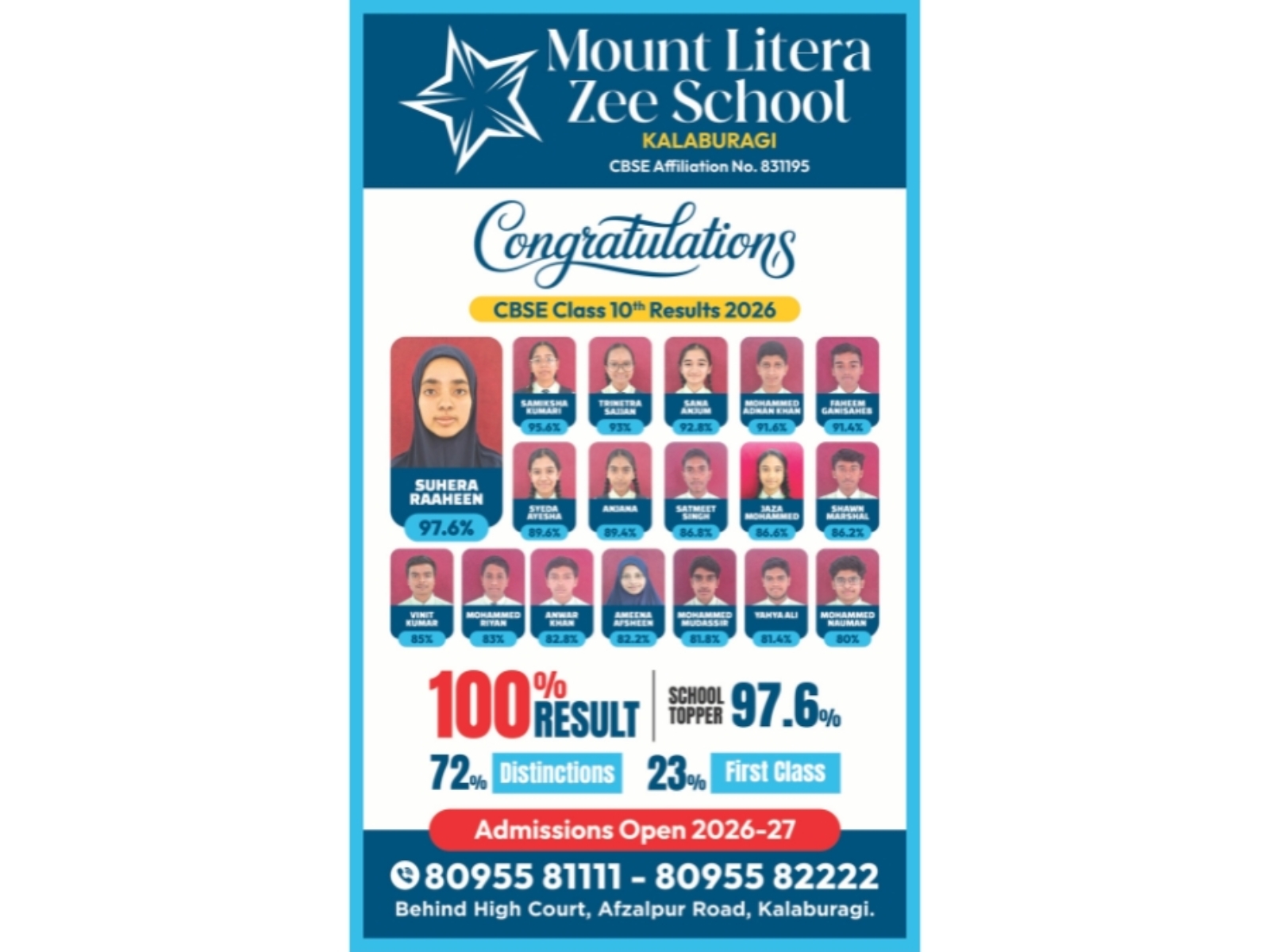 Mount Litera Zee School, Kalaburagi Achieves 100 Percent Result in First CBSE Class X Batch Mount Litera Zee School, Kalaburagi Achieves 100 Percent Result in First CBSE Class X Batch