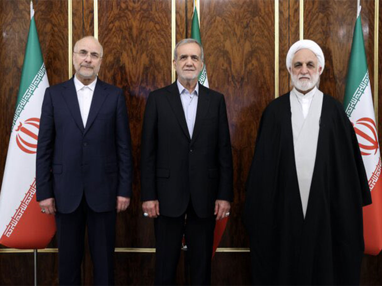 Iranian leadership of speaker MB Ghalibaf, President Pezeshkian and Judiciary head Mohseni-Ejei (Photo: X@Iran_GOV)