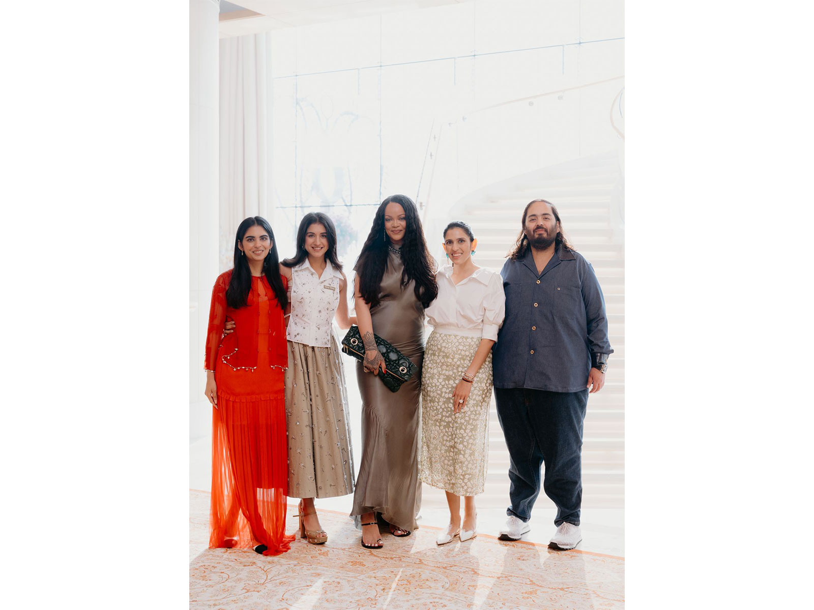 (L to R) Isha Ambani, Radhika Merchant, Rihanna, Shloka Mehta, Anant Ambani (Photo/Reliance Retail) (L to R) Isha Ambani, Radhika Merchant, Rihanna, Shloka Mehta, Anant Ambani (Photo/Reliance Retail)