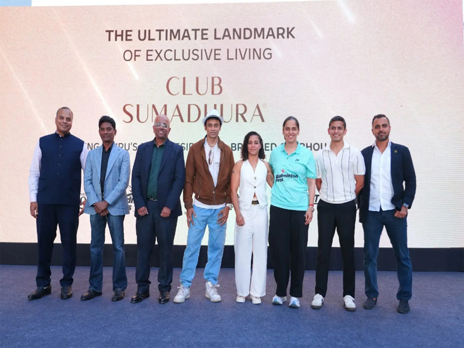 (L–R): Bharat Kumar Kandukuri, Srinivas Moramchetty, Ali Kasmani, Paresh Prabhakar, Puja Tomar, Saina Nehwal, Saurav Ghosal and Pavit Singh at Folium by Sumadhura launch, Bengaluru