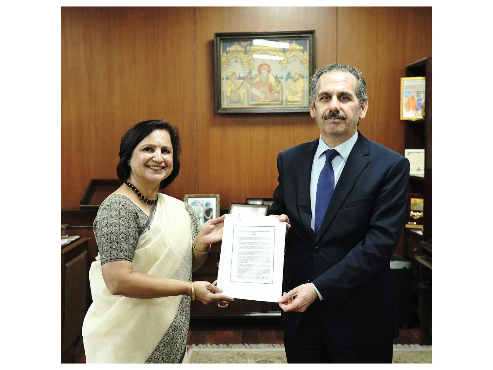 Ambassador of Jordan, Yousef Abdelghani formally hands over documents of Jordan’s Membership of ISA, CDRI and GBA to Secretary (South), Neena Malhotra (Photo/X/@MEAIndia) Ambassador of Jordan, Yousef Abdelghani formally hands over documents of Jordan’s Membership of ISA, CDRI and GBA to Secretary (South), Neena Malhotra (Photo/X/@MEAIndia)