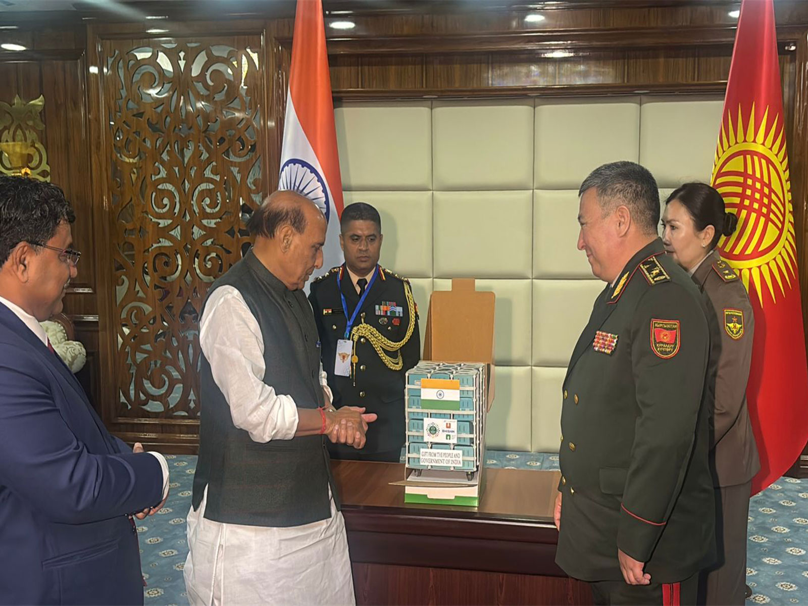 Defence Minister Rajnath Singh presents BHISHM Cube modular trauma care systems to Kyrgyz Defence Minister Mukambetov Ruslan Mustafaevich in Bishkek. (Photo/ANI) Defence Minister Rajnath Singh presents BHISHM Cube modular trauma care systems to Kyrgyz Defence Minister Mukambetov Ruslan Mustafaevich in Bishkek. (Photo/ANI)