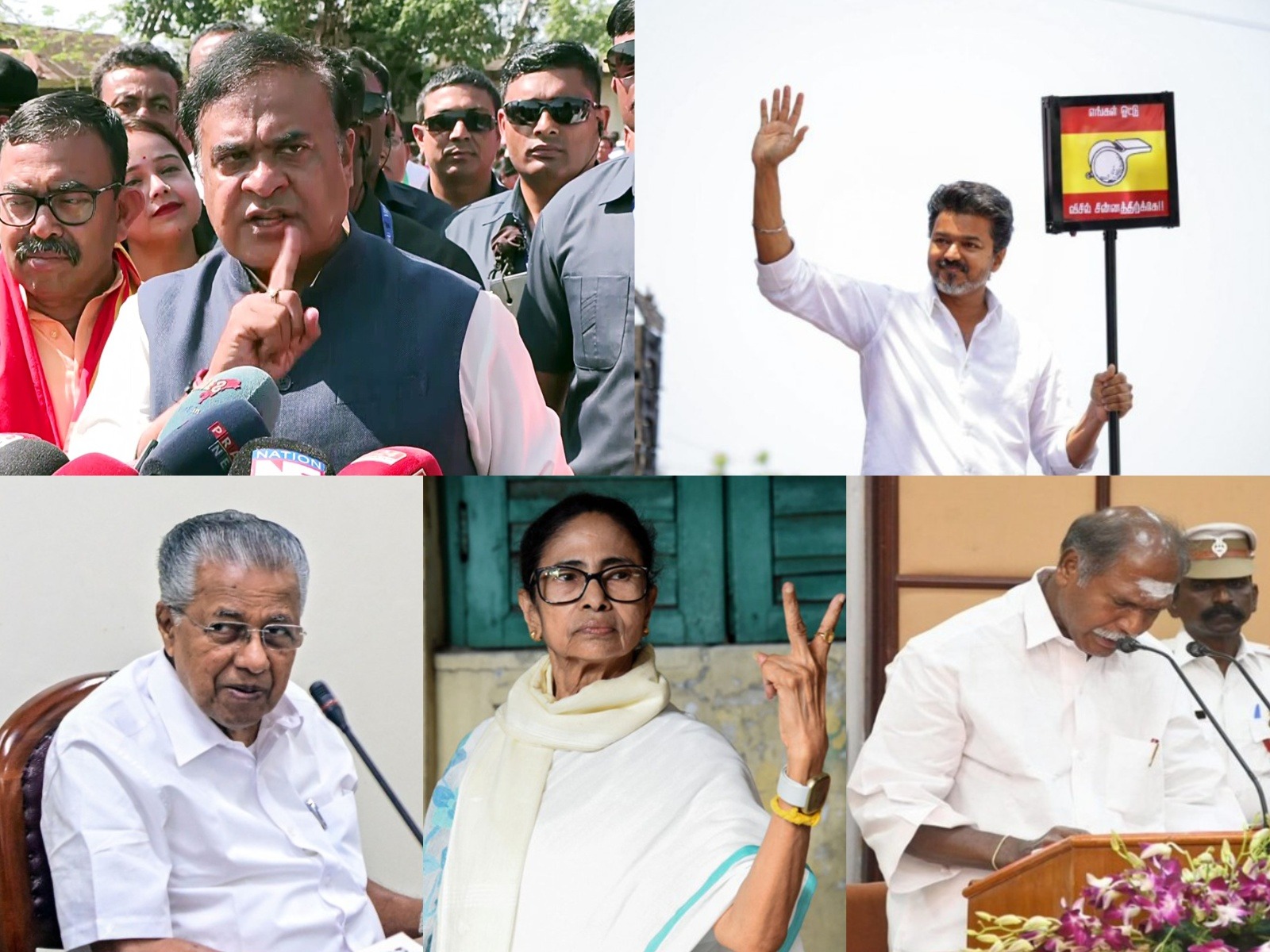 Assam CM Himanta Biswa Sarma, Tamilaga Vettri Kazhagam (TVK) chief Vijay, (bottom left) Keralam CM Pinarayi Vijayan, West Bengal CM Mamata Banerjee, and Puducherry CM N Rangaswamy (Photo/ANI)