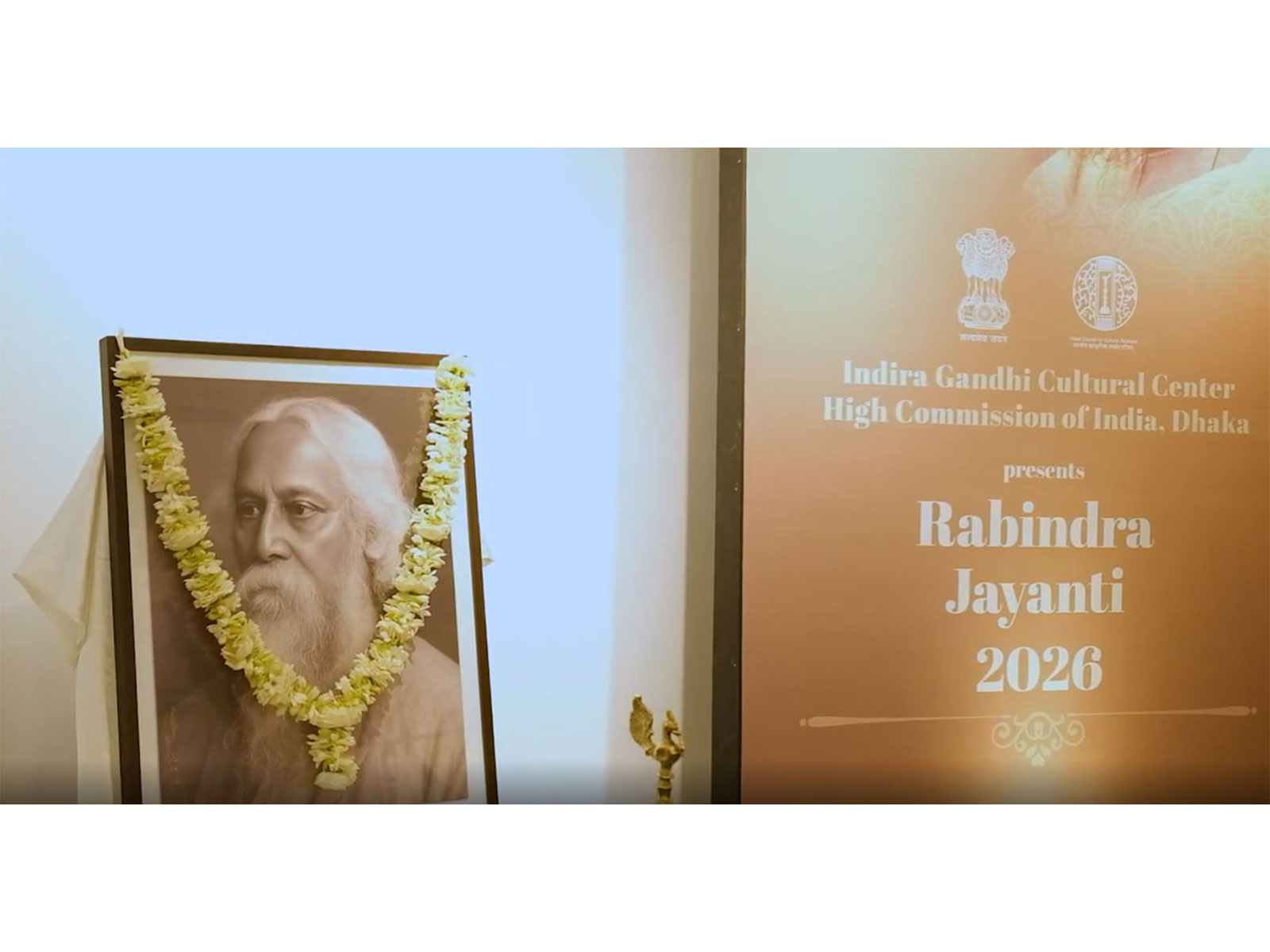Portrait of Gurudev Rabindranath Tagore displayed at the Indira Gandhi Cultural Centre during Rabindra Jayanti celebrations in Dhaka. (Photo/High commission of India, Dhaka)