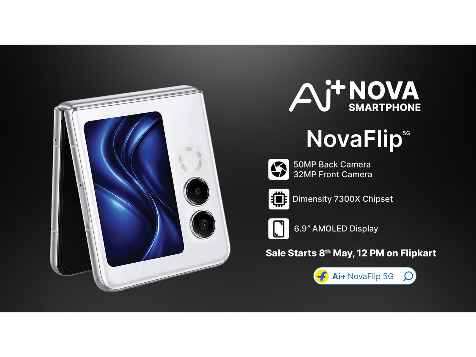 Ai+ NovaFlip 5G features a 32MP Front Camera, Dimensity 7300X Chipset, and a 6.9