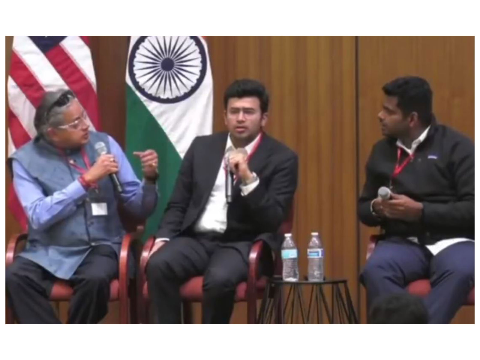 Congress MP Shashi Tharoor (L), BJP MP Tejasvi Surya (C) and K Annamalai (R) (Photo: Diya TV USA) Congress MP Shashi Tharoor (L), BJP MP Tejasvi Surya (C) and K Annamalai (R) (Photo: Diya TV USA)