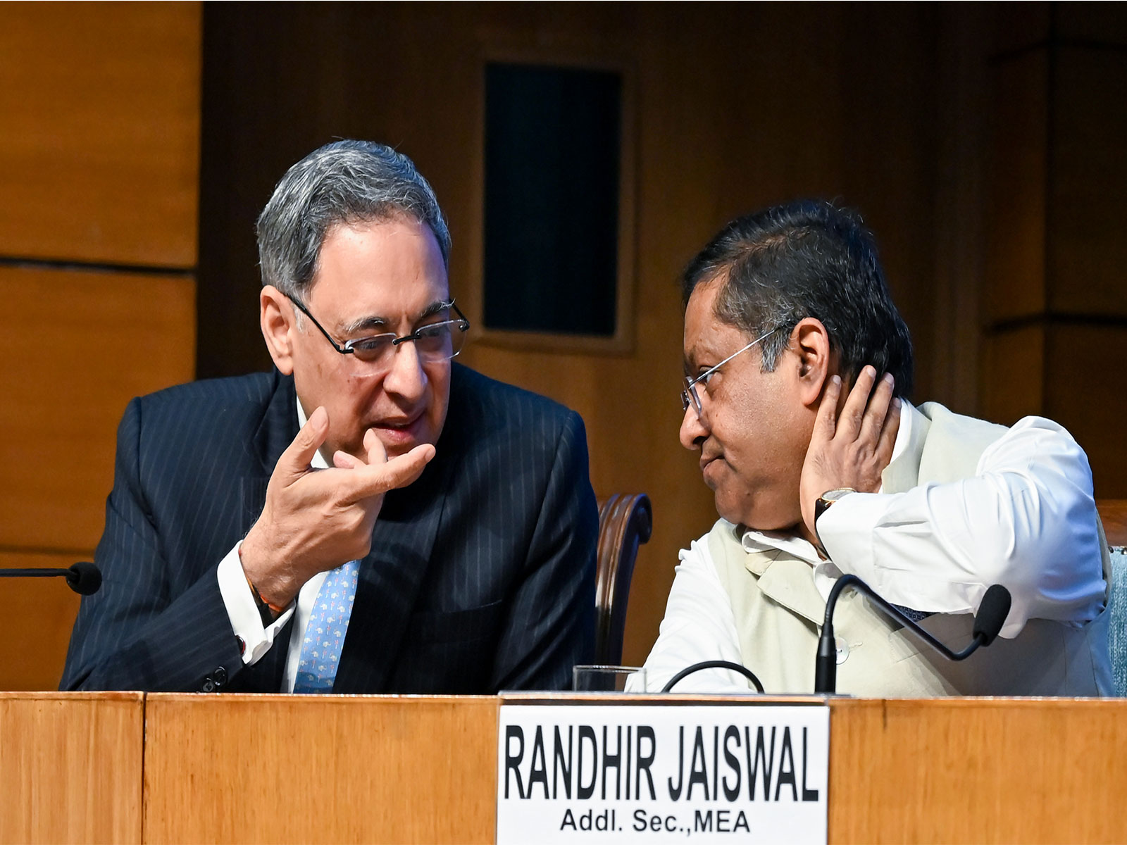 Additional Secretary, GULF, Assem R. Mahajan speaks with Ministry of External Affairs (MEA) Spokesperson Randhir Jaiswal, during an Inter-Ministerial Briefing on Recent Developments in West Asia (Photo/ANI)