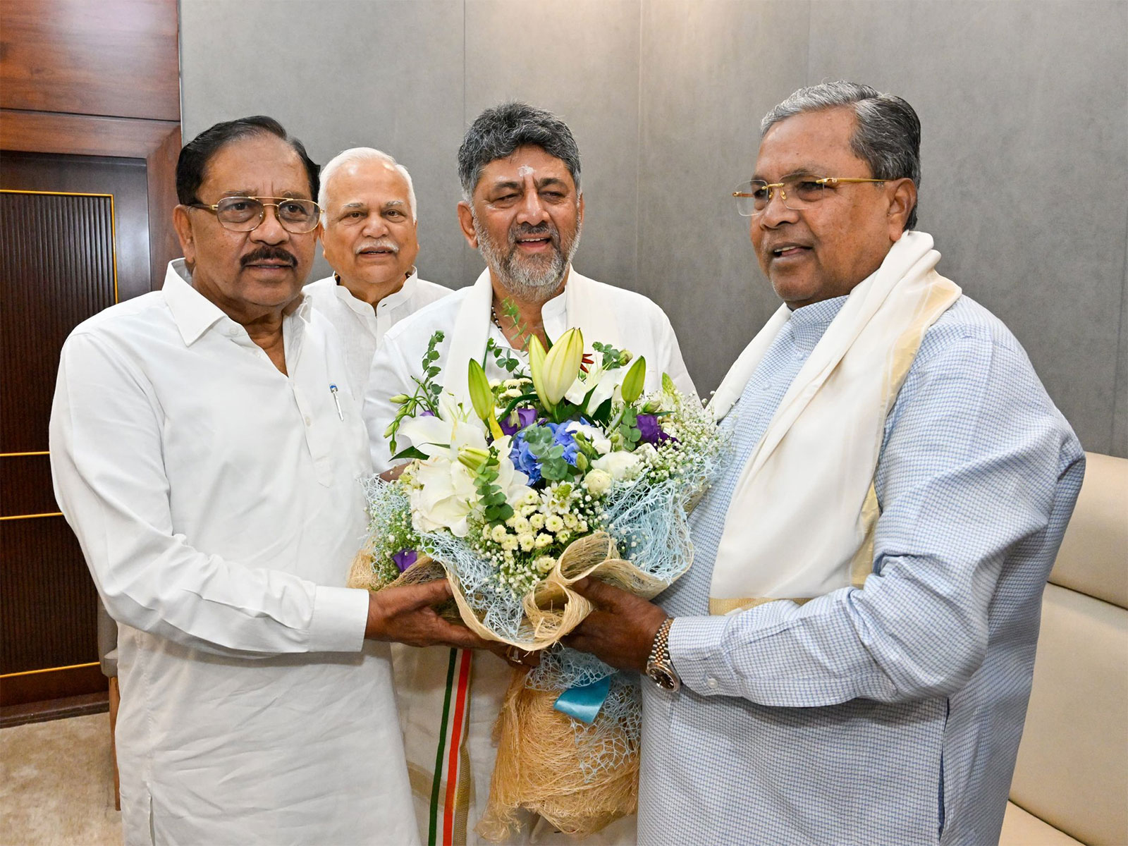 G Parameshwara, CM-Designate DK Shivakumar with Siddarmaiah (Photo/X/@siddaramaiah) G Parameshwara, CM-Designate DK Shivakumar with Siddarmaiah (Photo/X/@siddaramaiah)