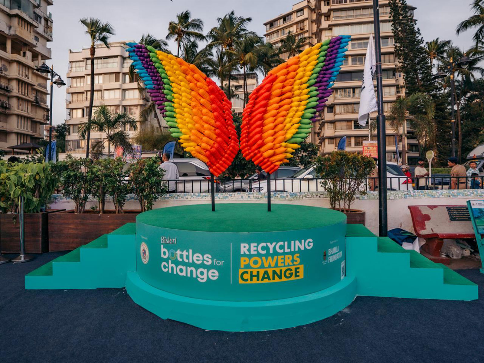 Wings of Change - a unique art installation by Bisleri & Bhamla Foundation created from 2,000 PET bottles at Carter Road, Bandra Wings of Change - a unique art installation by Bisleri & Bhamla Foundation created from 2,000 PET bottles at Carter Road, Bandra