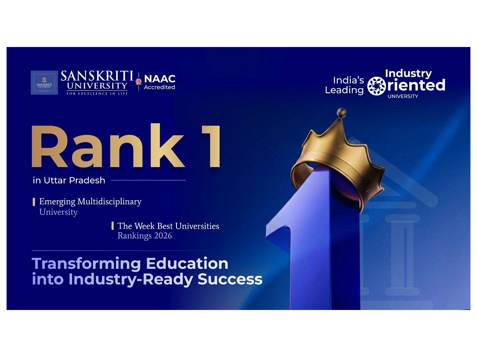Uttar Pradesh Gets Its Academic Champion as Sanskriti University Secures Rank 1 Among Emerging Multidisciplinary Universities Uttar Pradesh Gets Its Academic Champion as Sanskriti University Secures Rank 1 Among Emerging Multidisciplinary Universities