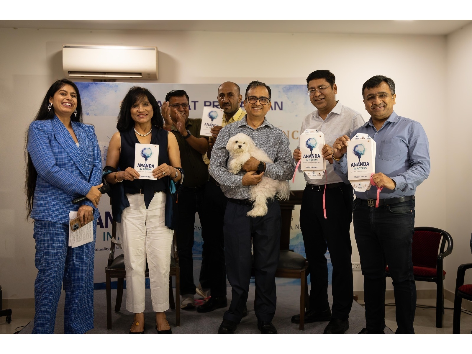 Author and leadership coach Rajesh Madan (centre) with guests during the launch of Ananda in Action, a book exploring conscious leadership, self-awareness, and business transformation.