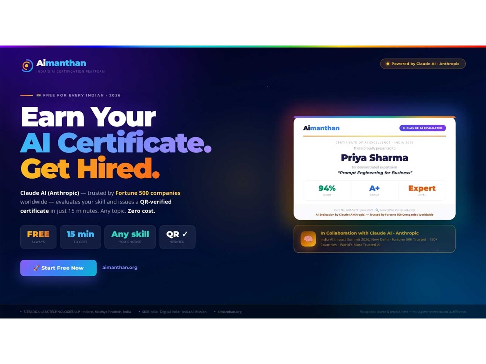 Aimanthan Launches India's First Free AI Certification Platform Powered by Claude AI from Anthropic, Bridging the Nation's AI Skills Gap Aimanthan Launches India's First Free AI Certification Platform Powered by Claude AI from Anthropic, Bridging the Nation's AI Skills Gap
