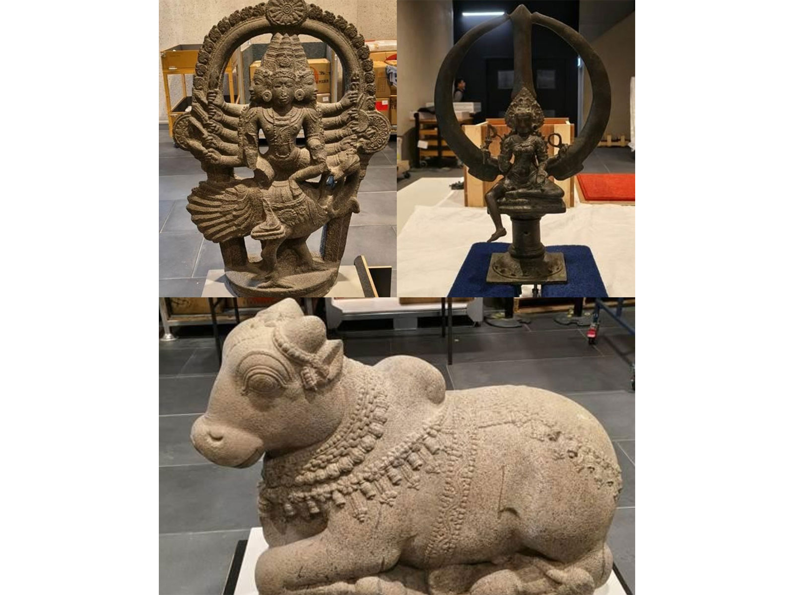 Ancient Indian antiquities, including a granite Nandi sculpture, a bronze Trident featuring Bhadrakali, and a basalt sculpture of six-headed Skanda, set to be repatriated from Australia to India as part of a landmark cultural heritage initiative. (Photo/ANI)