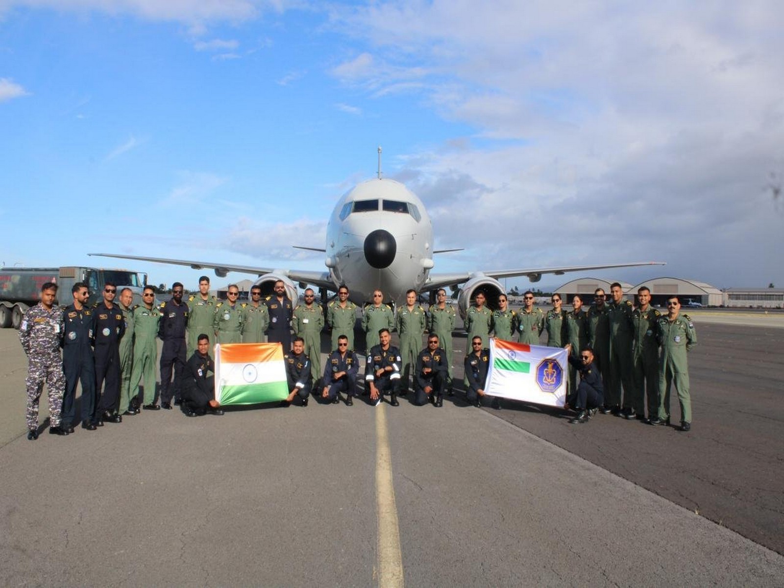 Indian Navy's P-8I Long Range Maritime Reconnaissance and ASW aircraft arrives at Joint Base Pearl Harbor-Hickam in Honolulu, Hawaii (Photo/X/@indiannavy)