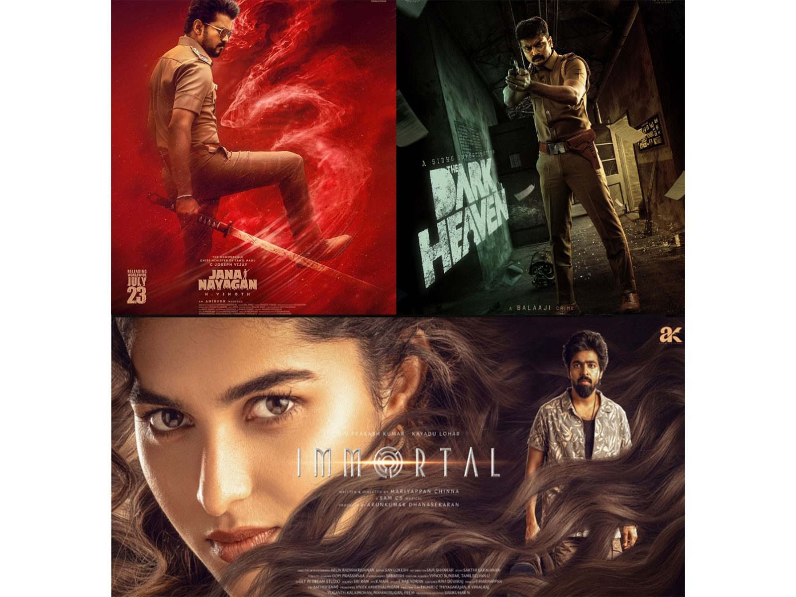 Jana Nayagan (Photo/Instagram@actorVijay), Dark Heaven (Photo/Instagram@Balaaji), Immortal (X@GVPrakashkumar)