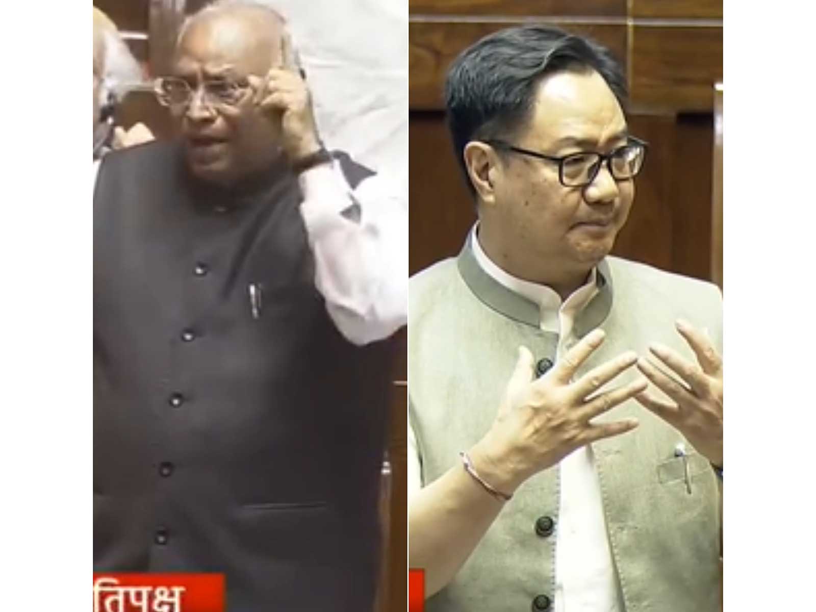 Leader of Opposition in the Rajya Sabha, Mallikarjun Kharge and Parliamentary Affairs Minister Kiren Rijiju (Photo/ Sansad tv) Leader of Opposition in the Rajya Sabha, Mallikarjun Kharge and Parliamentary Affairs Minister Kiren Rijiju (Photo/ Sansad tv)