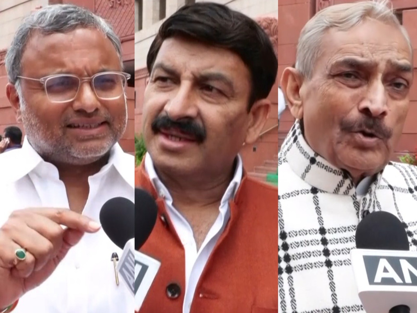 BJP MP Manoj Tiwari (Centre) and Congress MPs, Pramod Tiwari (R) and Karti Chidambaram (L) (Photo/ANI)