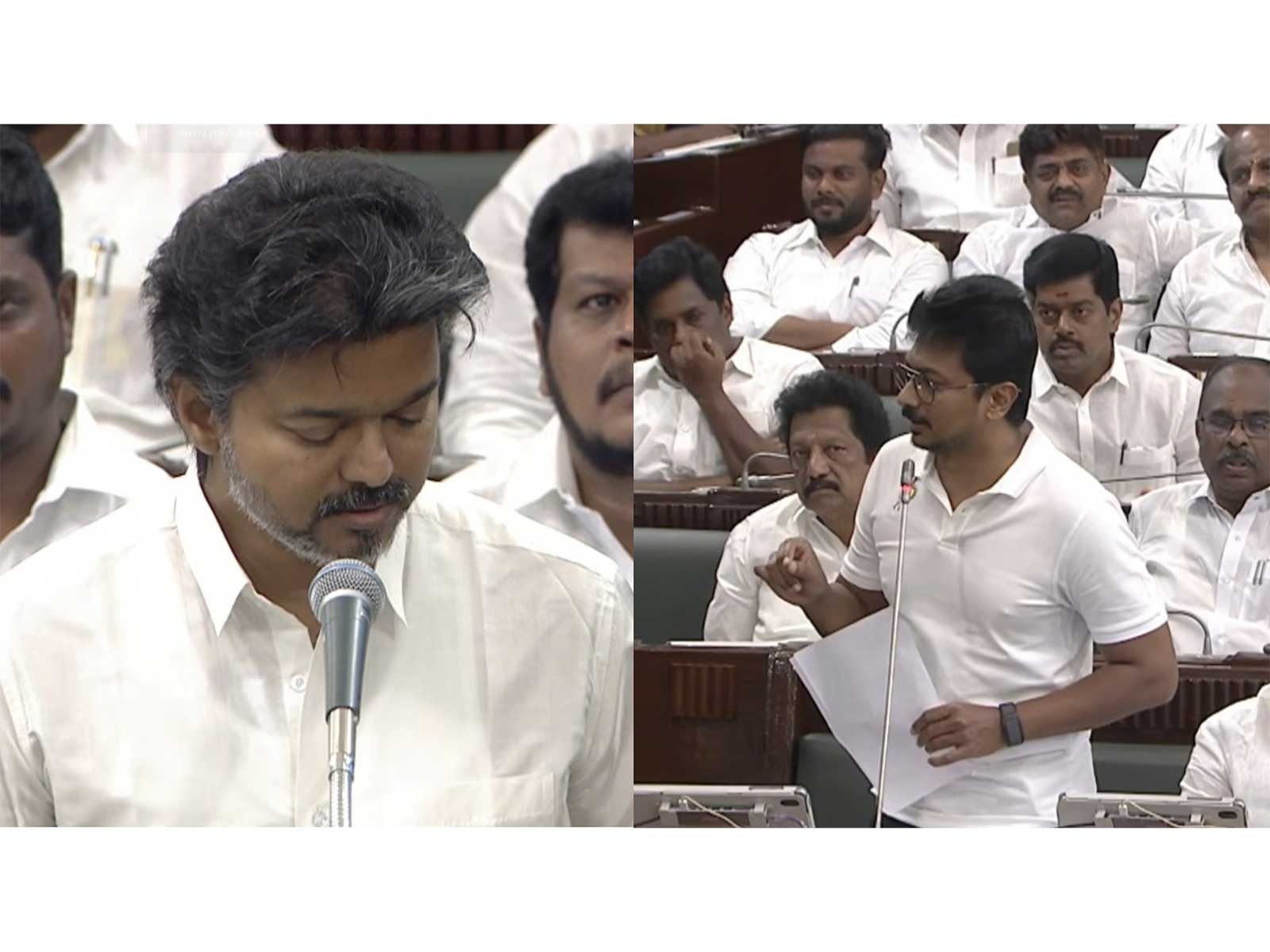 Tamil Nadu CM Vijay and LoP Udhayanidhi Stalin (Photo/Tamil Nadu Assembly YouTube) Tamil Nadu CM Vijay and LoP Udhayanidhi Stalin (Photo/Tamil Nadu Assembly YouTube)