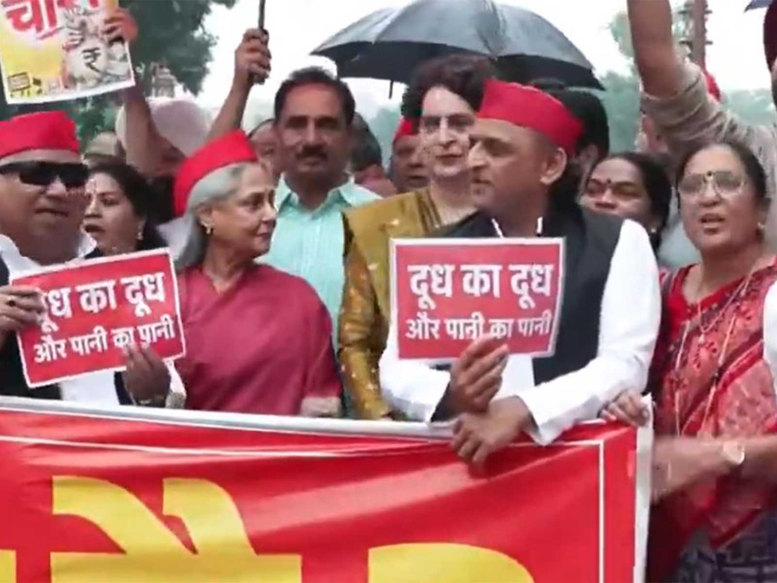 Opposition MPs, including Priyanka Gandhi Vadra, Akhilesh Yadav, stage a protest in Parliament (Photo: ANI) Opposition MPs, including Priyanka Gandhi Vadra, Akhilesh Yadav, stage a protest in Parliament (Photo: ANI)