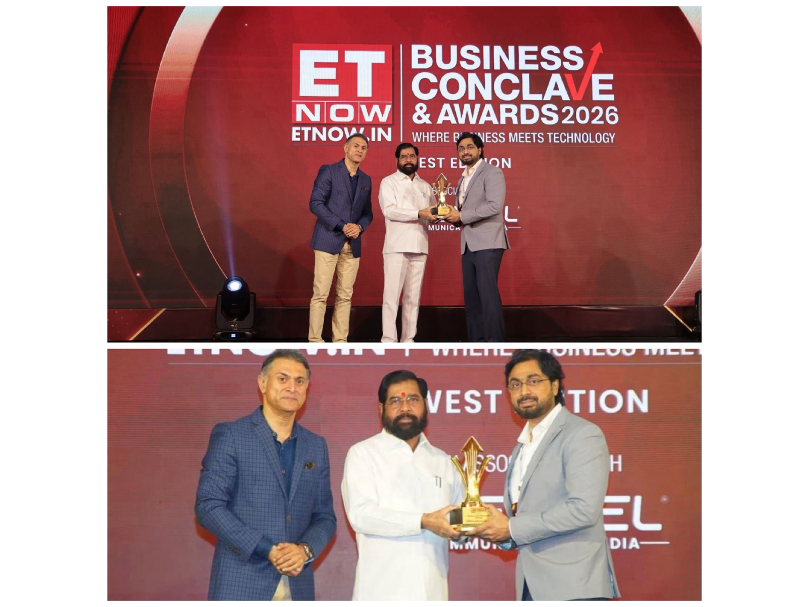 Maharashtra Deputy Chief Minister Hon. Shri. Eknath Shinde ji presenting the award to Zameer Ahmed Mistry, Director, SIMCA Advertising Limited. Maharashtra Deputy Chief Minister Hon. Shri. Eknath Shinde ji presenting the award to Zameer Ahmed Mistry, Director, SIMCA Advertising Limited.