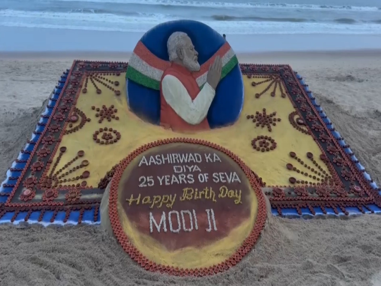 Sudarsan Pattnaik creates 25-foot sand art with 2,500 diyas for PM Modi’s 76th birthday