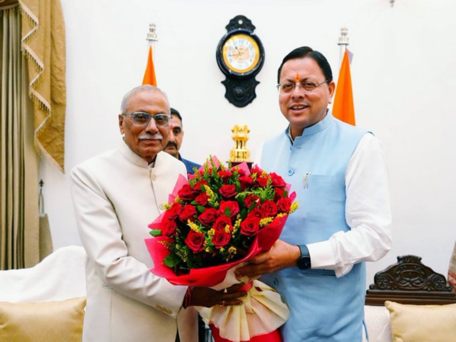 CM Dhami congratulates Dhal Singh Bisen on taking oath as Uttarakhand Governor (Photo/@pushkardhami) CM Dhami congratulates Dhal Singh Bisen on taking oath as Uttarakhand Governor (Photo/@pushkardhami)