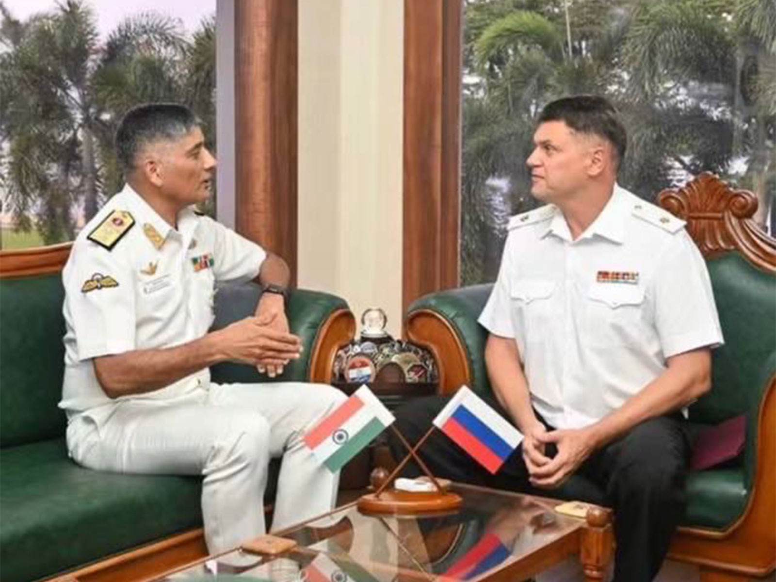 Russian Rear Admiral Evgeny Myasoyedov calls on Indian Navy's Rear Admiral Prakash Gopalan in Kochi