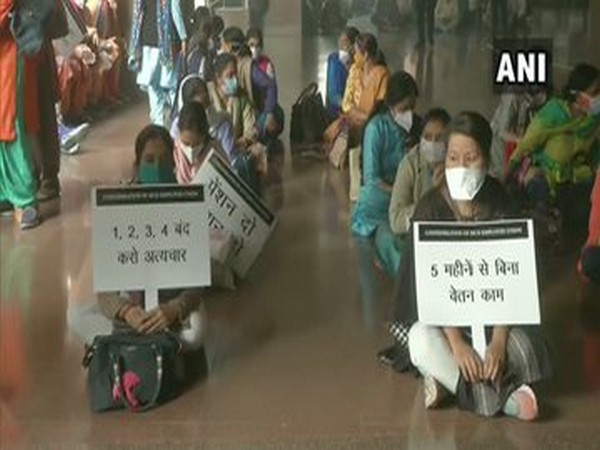 MCD employees protesting at the CIvic Centre on Tuesday. 