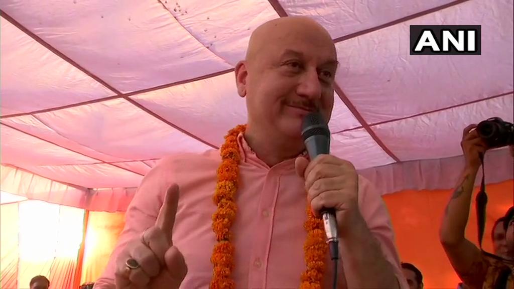 Anupam Kher speaking at a public meeting in Chandigarh on Tuesday. Photo/ANI