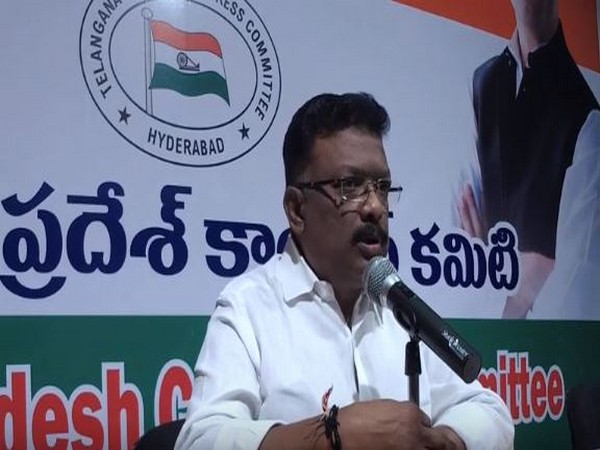 All India Congress Committee (AICC) national spokesperson Dr Dasoju Sravan addressing a press conference in Hyderabad on Friday. (Photo/ANI)