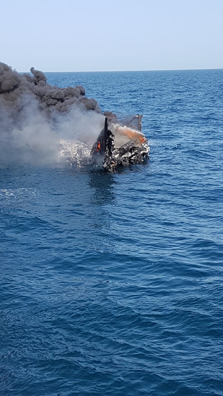The boat which was set ablaze off Gujarat coast by drug smugglers before they were held by the ATS.
