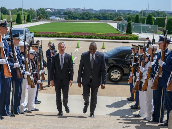 NATO Secretary General Jens Stoltenberg and US Secretary of Defense Lloyd J Austin III at the Pentagon on Monday (ANI)