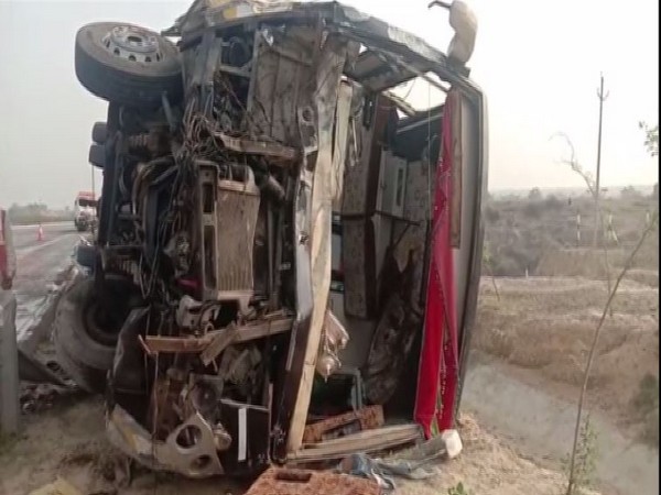 Visual of the accident at Agra-Lucknow expressway here on Monday. (Photo/ANI)