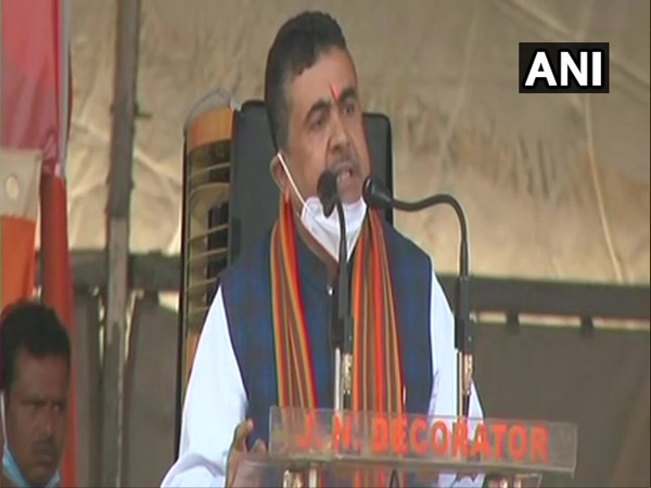 BJP leader Suvendu Adhikari addressing rally at Paschim Medinipur in West Bengal on Saturday. (Photo/ANI)