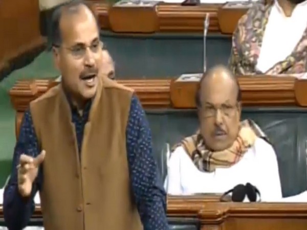 Leader of Congress in Lok Sabha, Adhir Ranjan Chowdhury in the Parliament on Tuesday. Photo/ANI