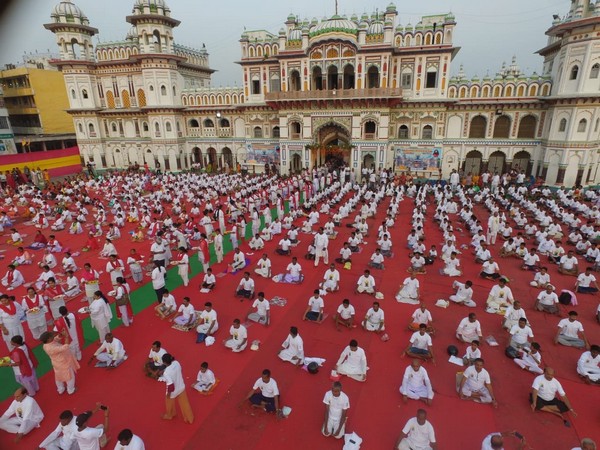 Yoga enthusiasts in the premises of Janaki Temple on Friday. Photo/ANI