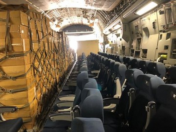 A visual of the special Air Force aircraft with supplies on it at Hindon air force station, Ghaziabad on Saturday. Photo/ANI
