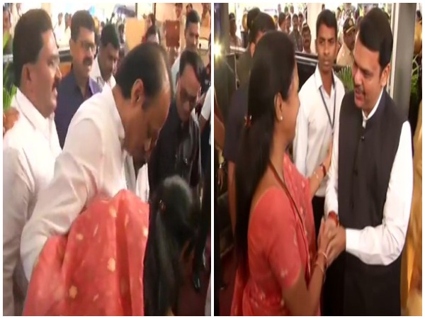 Supriya Sule welcoming Ajit Pawar (left) and Devendra Fadnavis (right) at Vidhan Bhawan, Mumbai on Wednesday. Photo/ANI
