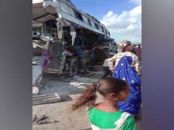 The bus at the accident site in Ajmer on Sunday. (Photo/ANI)
