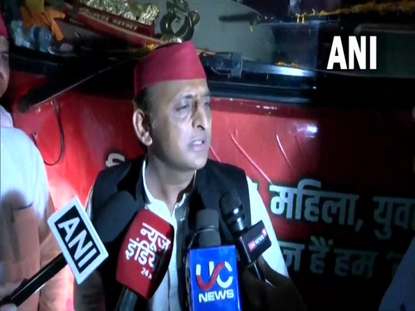 Samajwadi Party chief Akhilesh Yadav speaking to reporters in Hamirpur on Tuesday. 