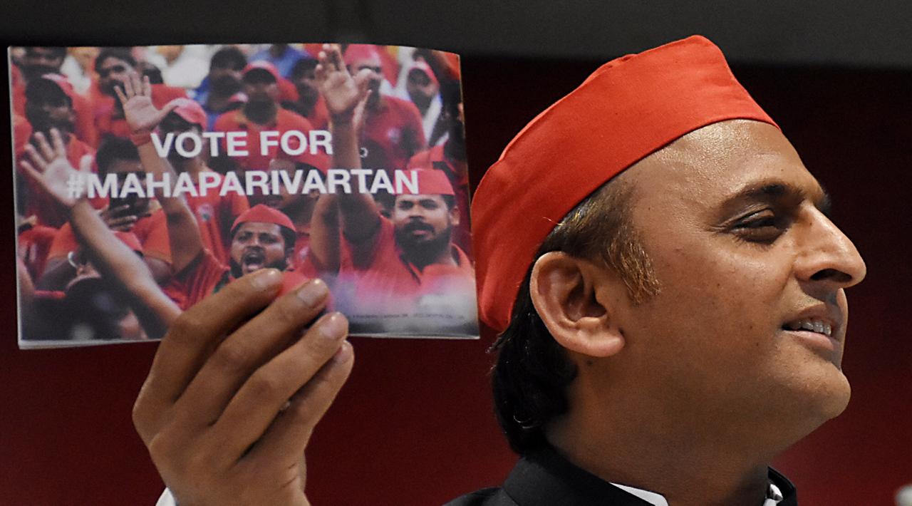 Samajwadi Party president Akhilesh Yadav while releasing party manifesto in Lucknow on Friday. Photo/ANI