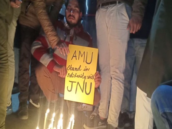 Visual from candle march carried out by students of Aligarh Muslim University (AMU) in Uttar Pradesh on Monday. Photo/ANI