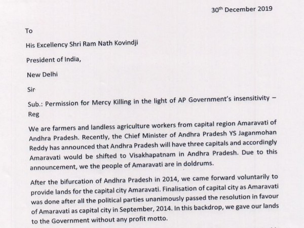 Clip of the letter written by the farmers of Amaravati region to the President of India. Photo/ANI