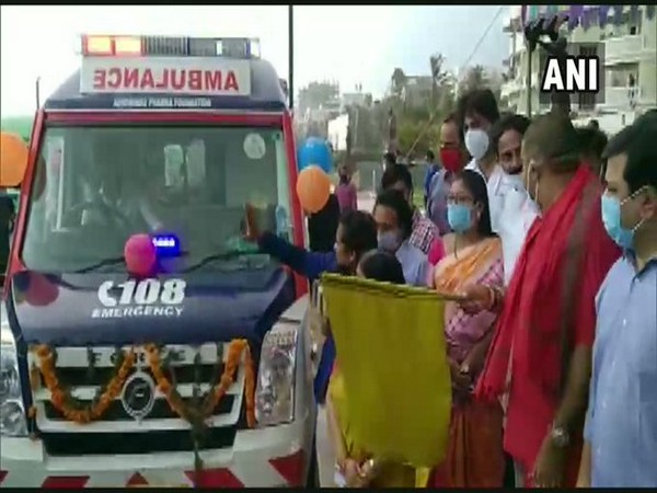 Andhra Pradesh Tourism Minister M Srinivasa Rao flags of 67 new ambulances in Visakhapatnam. Photo/ANI