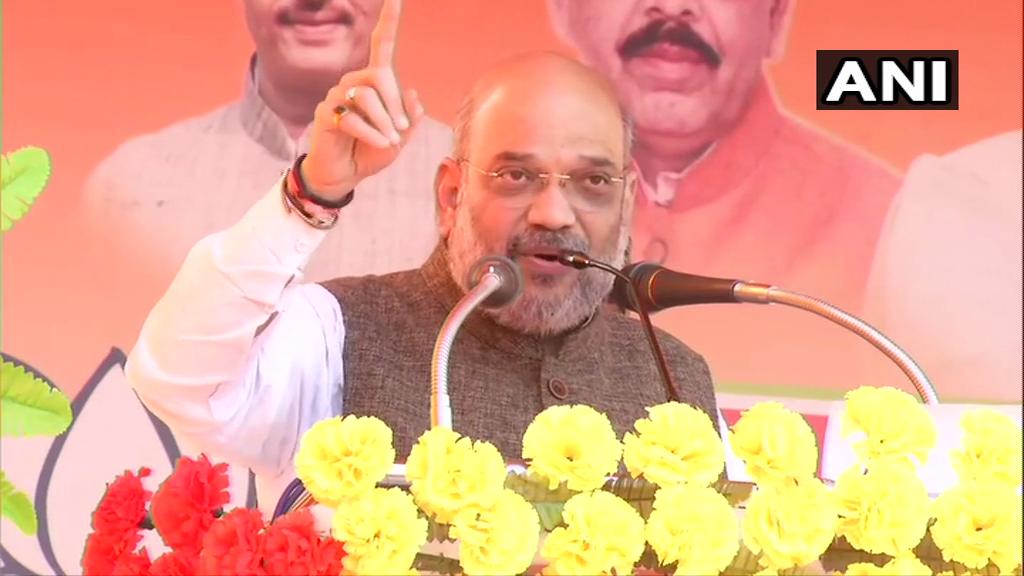 BJP chief Amit Shah addressing an election rally in Shahjahanpur, Uttar Pradesh, on Saturday. Photo/ANI